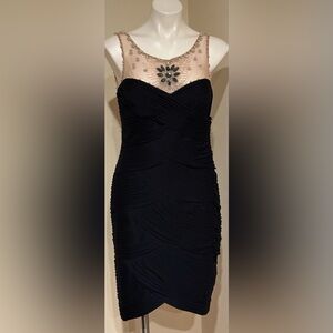 ADRIANNA PAPELL Navy & Nude Sweetheart Embellished Midi Beaded Dress Sz 12